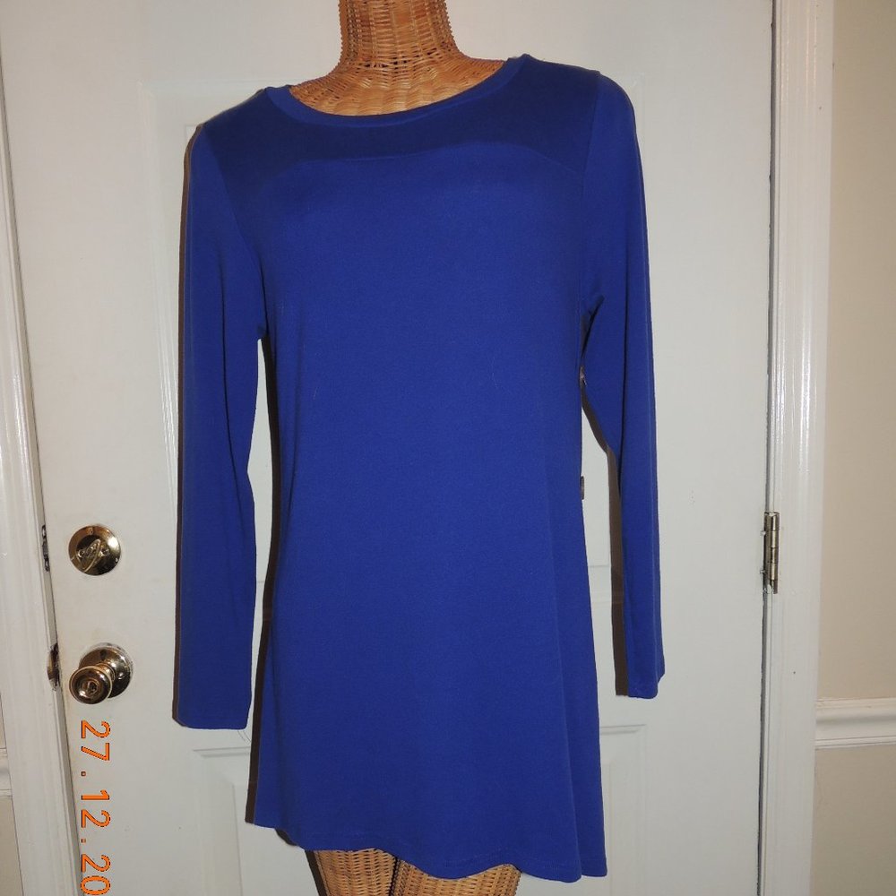 iGenJun Faux Button Asymmetrical Hem Long Sleeve Blue Tunic Dress XL